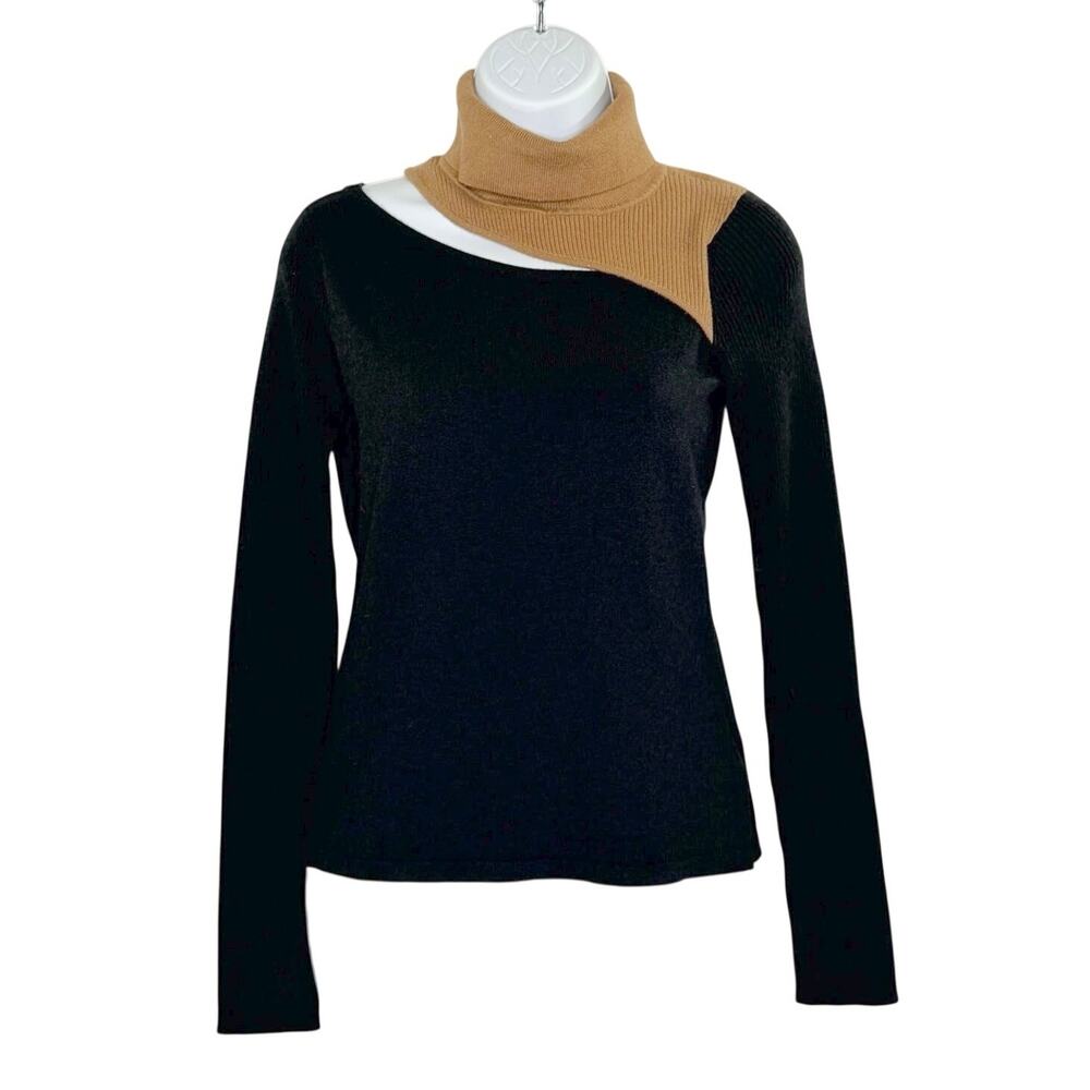 L'Agence Everlee Black Cut-Out Sweater XS Camel Black Asymmetrical Turtleneck